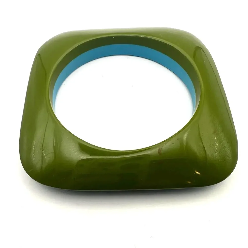Square Chunky Blue Green Bangle Bracelet Plastic Retro Oversized Jewelry